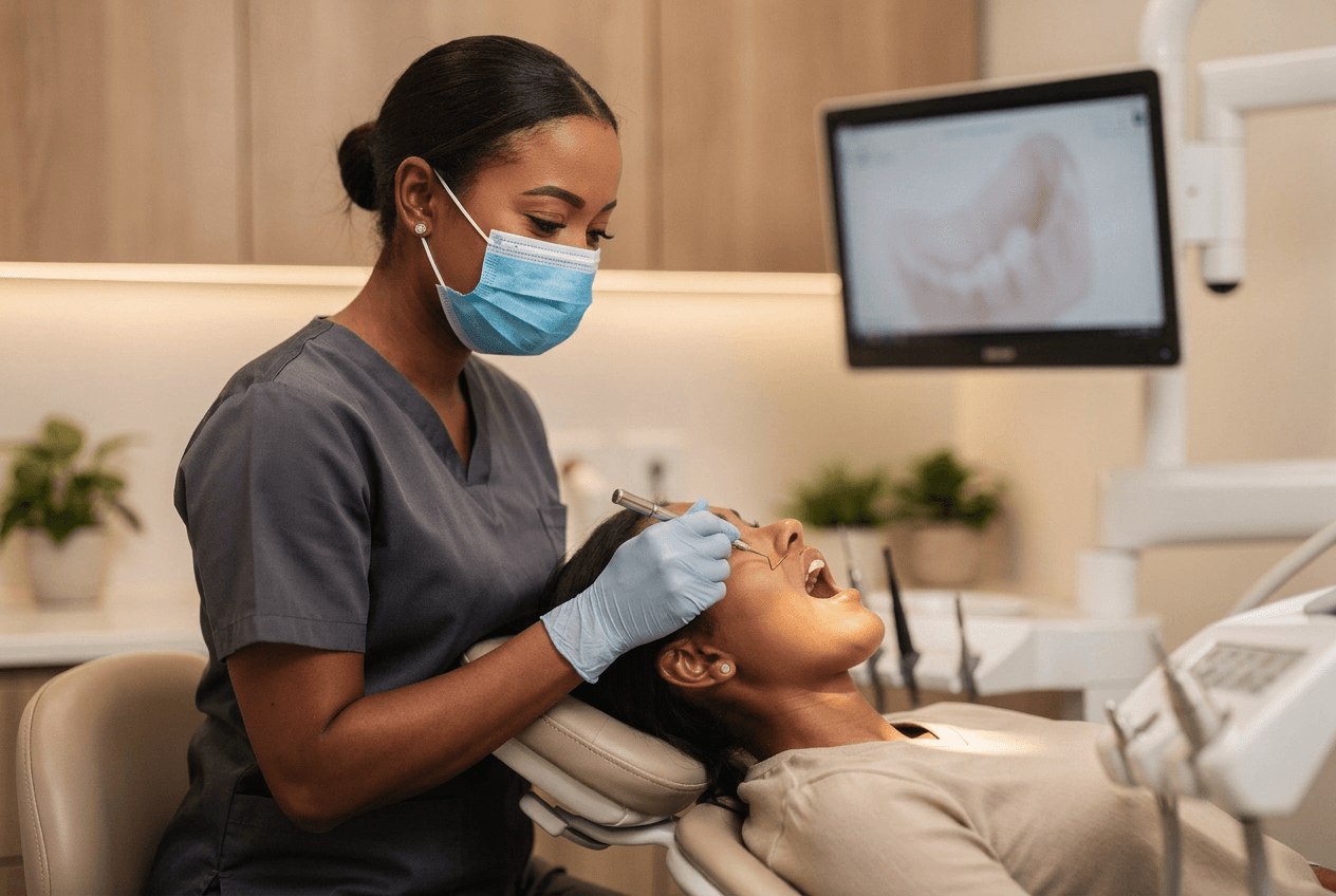 Dentist performing chairside examination on a patient