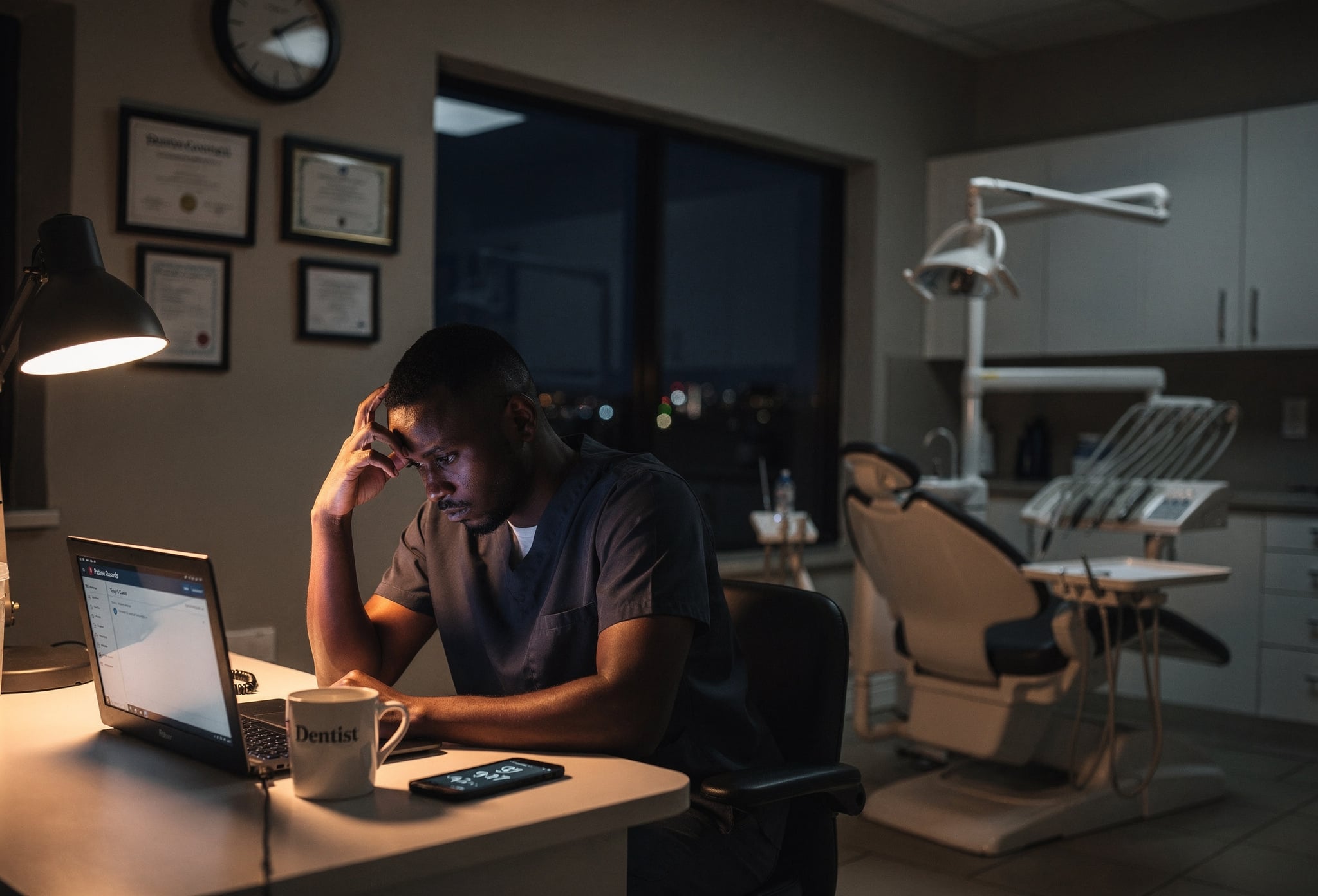 Dentist writing notes late at night