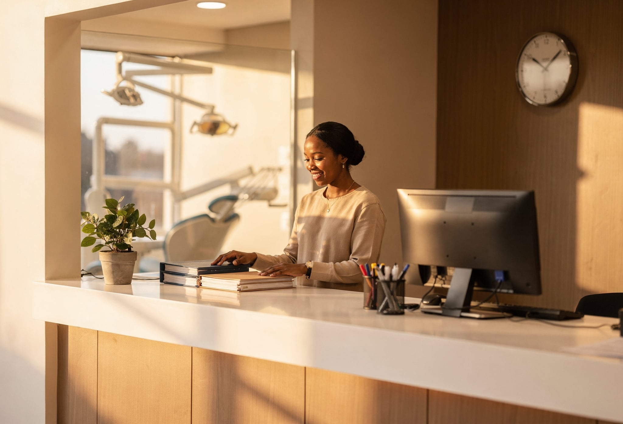 Dentist at reception desk